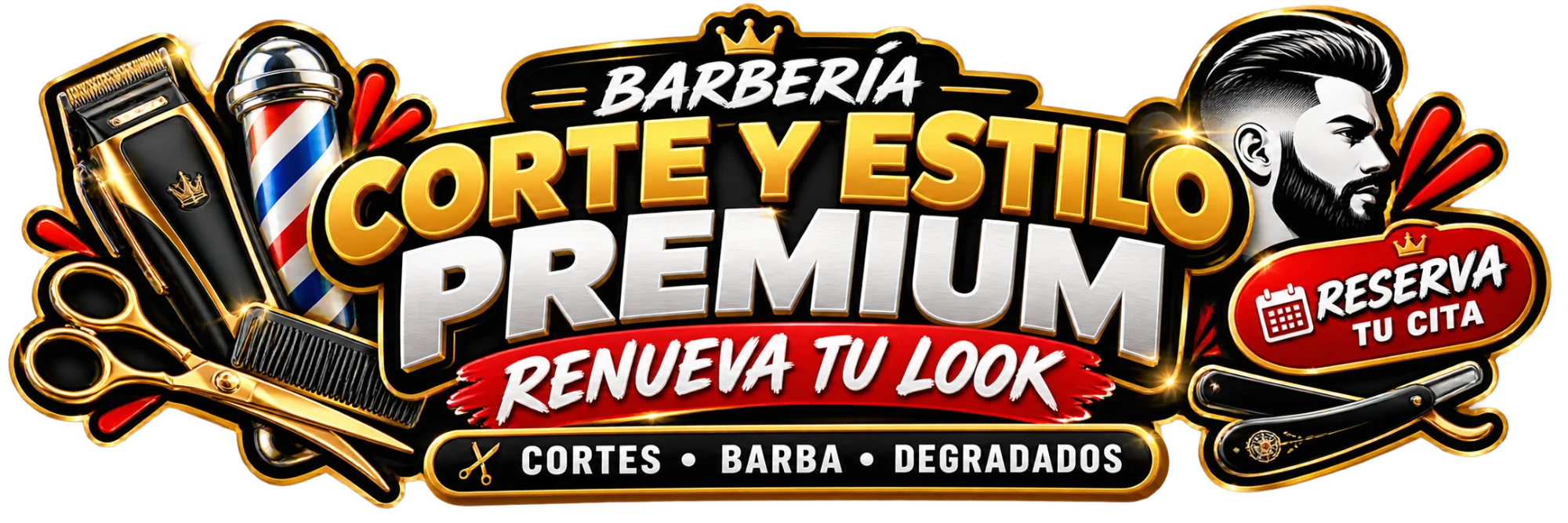 Banner negro, dorado y rojo de una barbería con máquinas, tijeras y navaja. Ejemplo demostrativo.