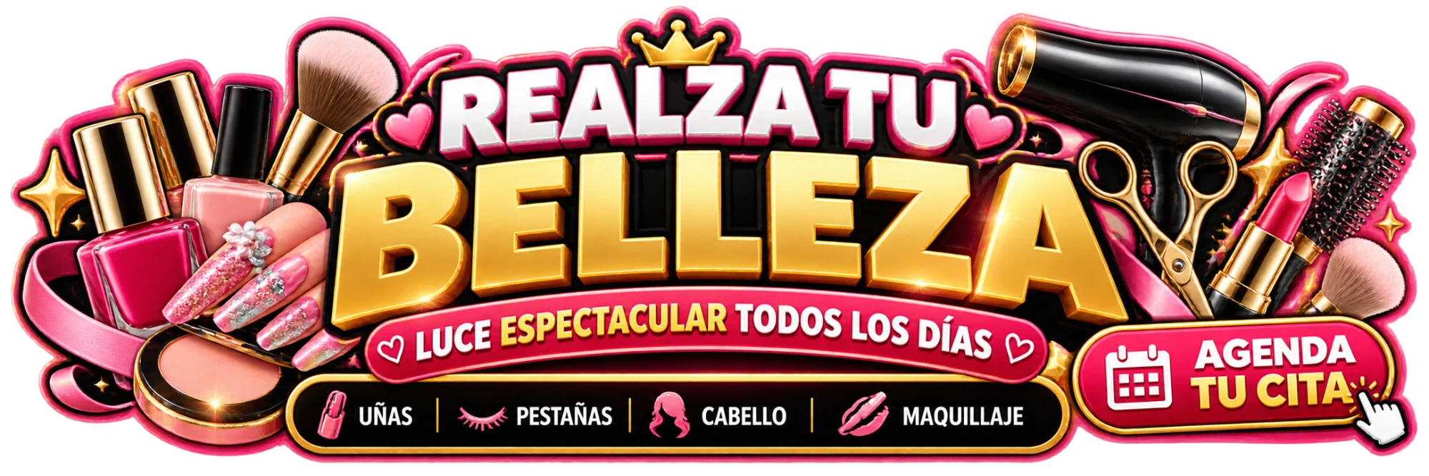 Banner rosa y dorado de un salón de belleza con uñas, pestañas, cabello y maquillaje. Ejemplo demostrativo.