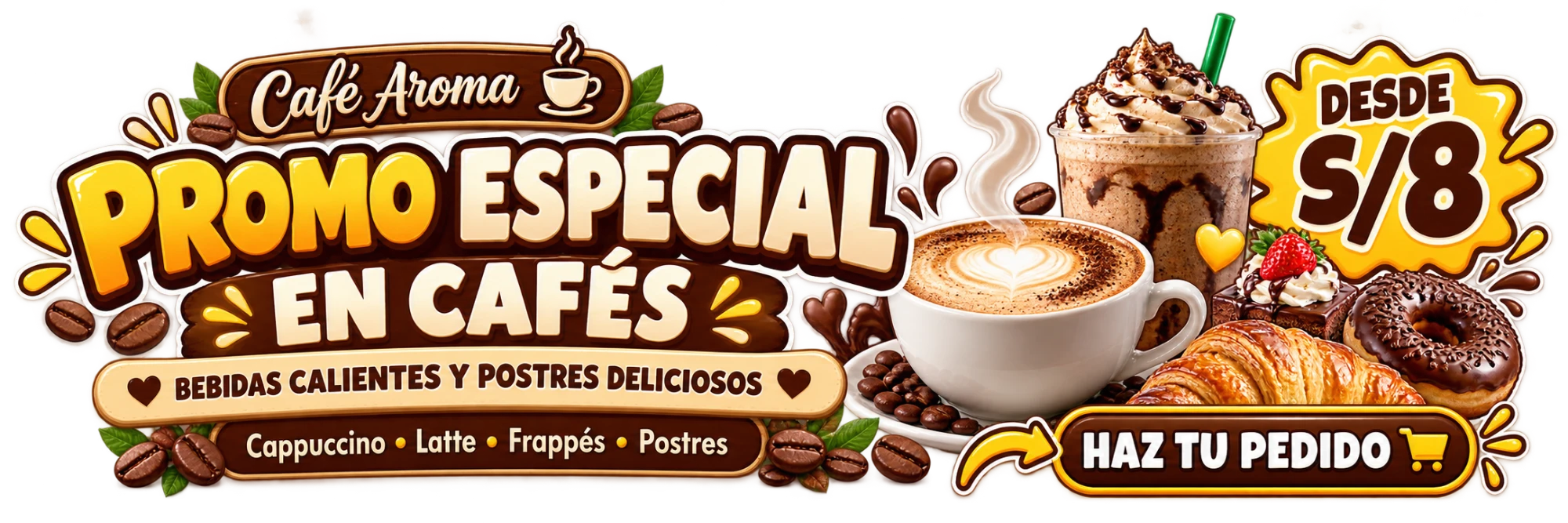 Banner marrón y amarillo de una cafetería con cafés y postres. Precios y promociones demostrativos.