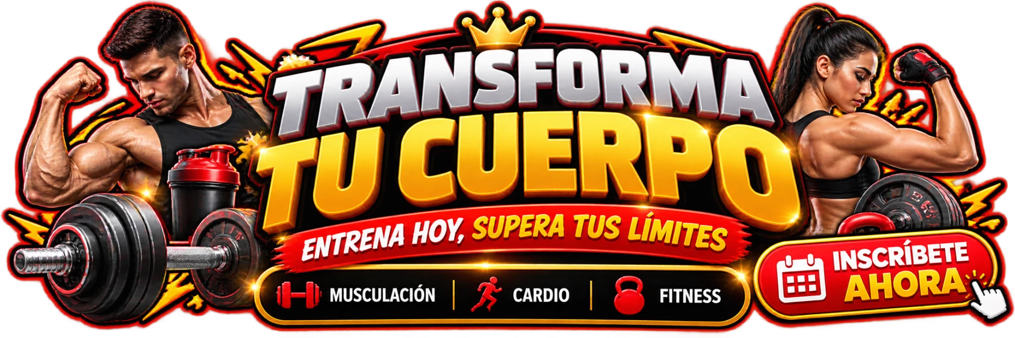 Banner rojo y dorado de un gimnasio con pesas y personas entrenando. Ejemplo demostrativo.