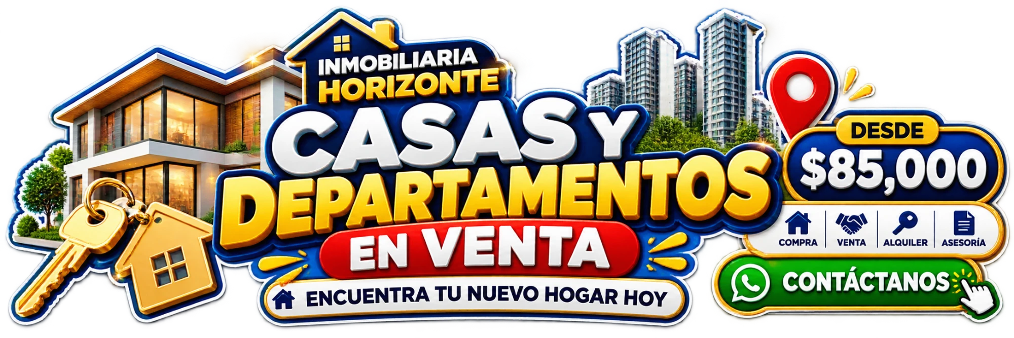Banner azul y amarillo de una inmobiliaria con casas y departamentos. Precios y promociones demostrativos.