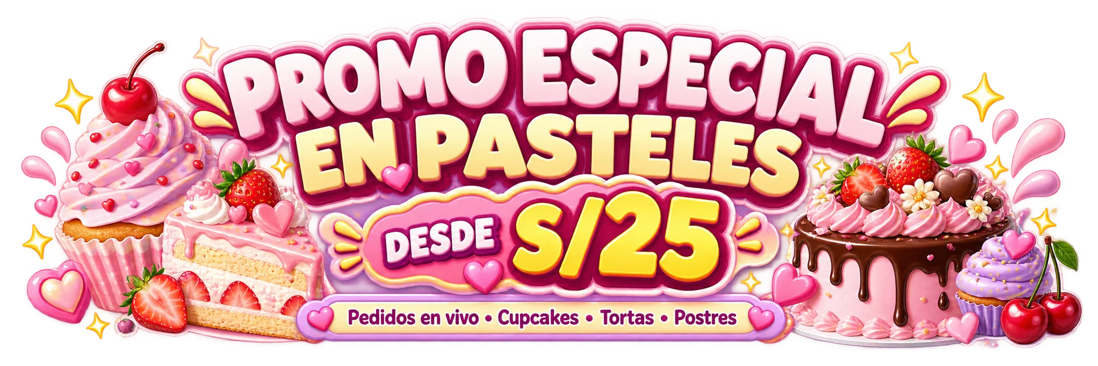 Banner rosa con pasteles y cupcakes. Precios y promociones demostrativos.
