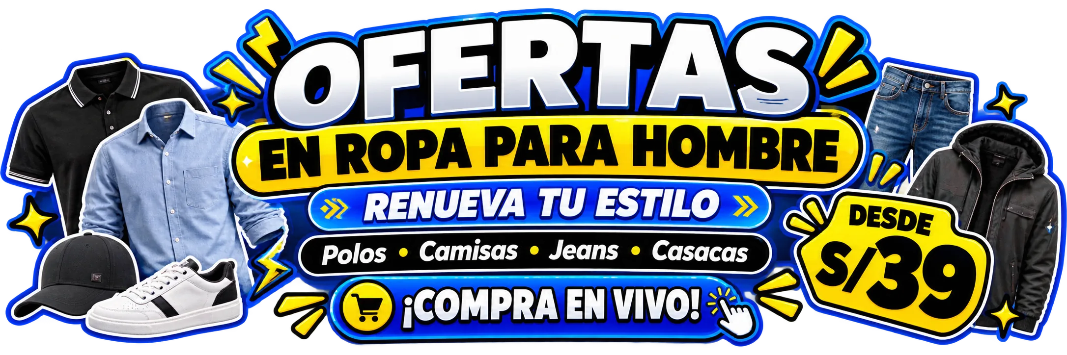 Banner azul y amarillo con ropa para hombre. Precios y promociones demostrativos.